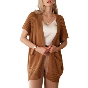 Shewin  Women's Open Front Ribbed Knit Cardigan - Short Cap Sleeve Patch Pocket Mid Length Casual Layering Sweater DealsForYouDays,summerwins,summeroutfits,vacationoutfits,beachoutfits