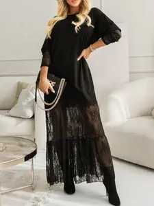 New Women's Lace Patchwork Dress, Elegant Chic Round Neck Casual Style, Lady, Perfect for Parties, Dinners, Dates, Leisure, Shopping