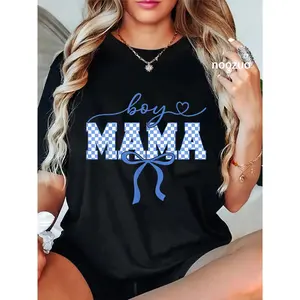 100% Cotton Retro Boy Mama Mother's Day 2026 Checkered Women T-Shirt