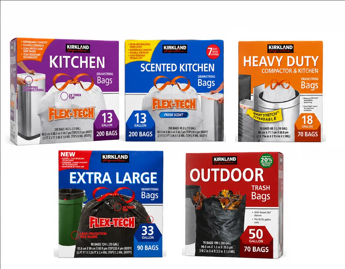 Kirkland Signature Flex-Tech Drawstring Trash Bags | Kitchen & Outdoor Garbage Bags | Multiple Sizes & Scents