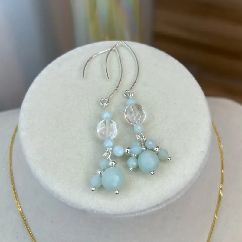 Solid 925 Sterling Silver Aquamarine and Clear Quartz Fishhook Dangle Earrings