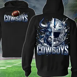 Super Cows Football 2 Sided Hoodie, Cowboys Football Player Sweatshirt, Sports Apparel, Titan & Navy Helmet Pullover Classic T-shirt, Graphic Printed Streetwear Top, 100% Classic Cotton, Gift For Fans