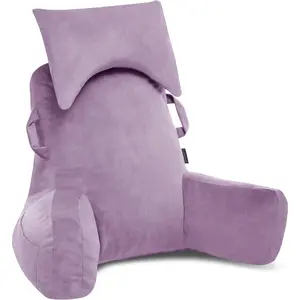 Portable reading pillows with headrest for sitting up in bed (lavender purple, OEKO‑TEX certified), velvet back pillow with arms and pockets for adults, supportive memory foam bed pillow for dorms, reading, and gaming