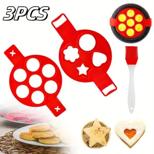 Flip Cooker Pancakes Mold Flip and Cook Silicone Pancake Maker Flip N Cook Silicone Pancake Mold Flip and Cook Pancake (2 pcs Red + 1 brush)