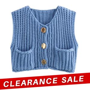 Molitree Womens Casual Chunky Knit Vest Gold Button Down Crop Crochet Sleeveless Sweater Vest