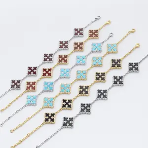 [ICE HUE] 18K Gold Vacuum Plated Copper Bracelet with 5A+ Sri Lanka Zircon, Synthetic Agate, Synthetic Turquoise & 4-Leaf Clover Design - Miami, Italy, Mexico & Micro Inspired Luxury Jewelry for Women, Daily Wear, Gift Idea