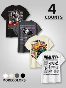 Cyber Universe 4-Piece T-Shirt Set, 2026 American High Street Subculture Style Oversized Tee, Multi-Color Options, Ideal for Streetwear Styling, Subculture Gatherings, Edgy Outings, A Standout Piece to Showcase Deconstruction & Cyber Vibe.