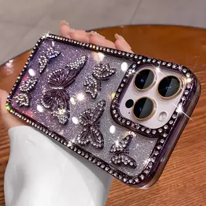 3D Butterfly Diamond Glitter Shiny Case For iPhone 17 16 15 14 13 12 11 Pro Max Rhinestone Bling Sparkly Girls Women Hot Cover