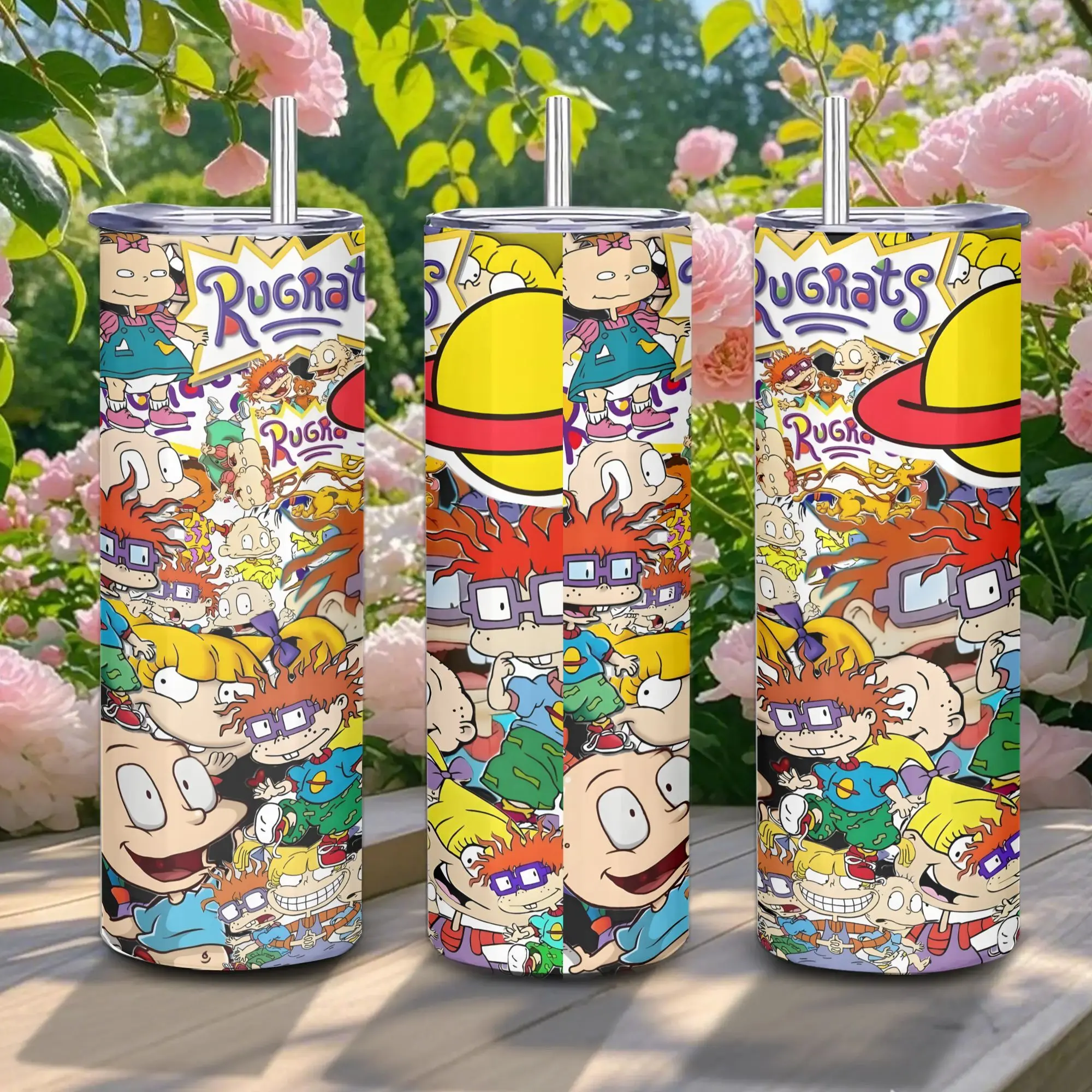 Rugrats Cartoon Print 20oz Stainless Steel Cylindrical Vacuum Flask - Double-Walled Insulated, Leak-Proof, Portable, Lightweight, Eco-Friendly Tumbler for Adults with 23cm Eco-Friendly Reusable Straw, Road Trips, Everyday Use