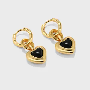 Minimalist Black Onyx Heart Earrings 24K Gold Plated Engagement Wedding Anniversary Gift For Her - booneealus
