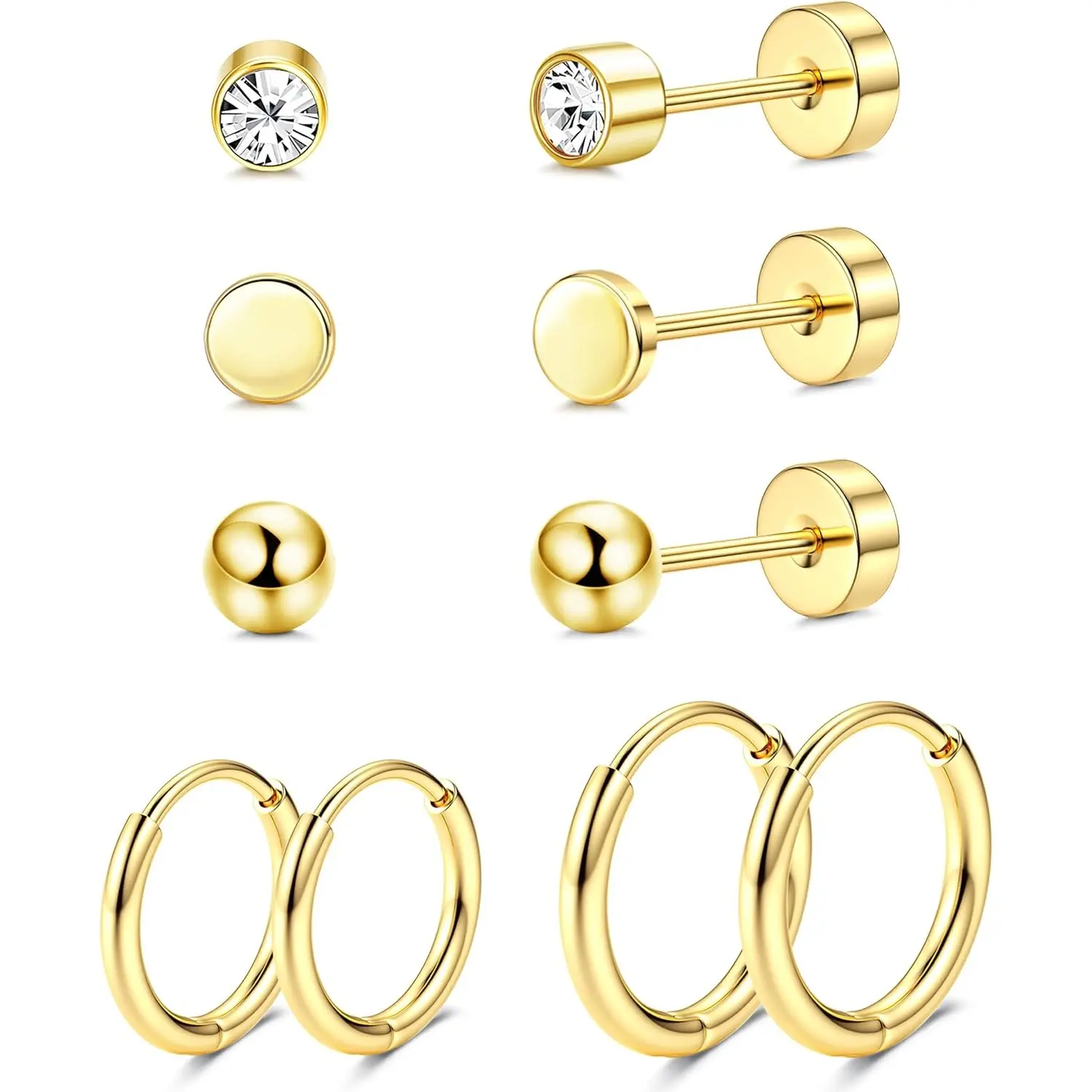 Milacolato G23 Pure Titanium Earrings Set, Unisex Body-Safe Hypoallergenic 8mm Flat Back Studs & 8mm/10mm Huggie Hoops for Multiple Piercings, Tarnish-Free Waterproof Cartilage Fit Ear Stacking Jewelry