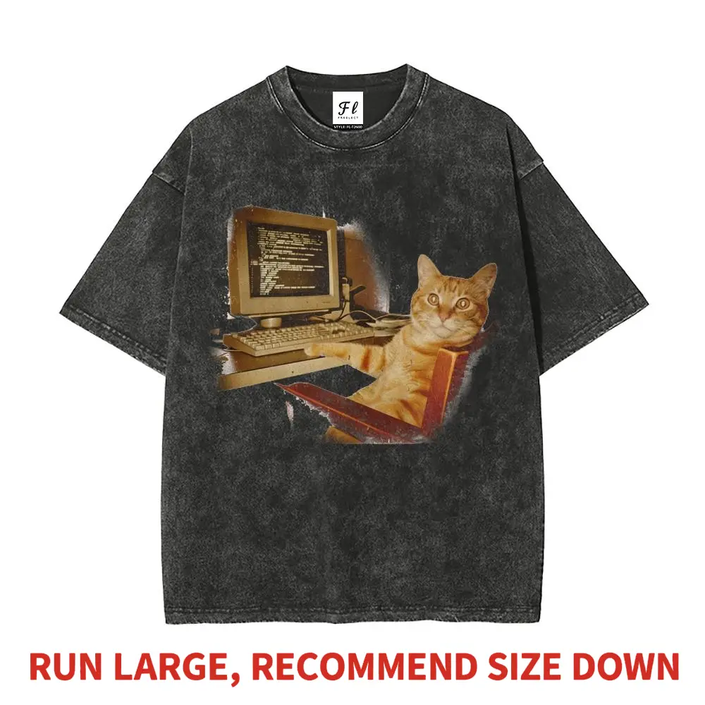 Men's Casual Oversized Vintage Funny Office Cat Working Computer Meme T-Shirt - Heavyweight Washed Cotton, Short-Sleeve, Round Neck, Soft, DTG Print Unisex Top