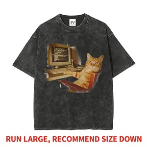 Funny Office Cat Working at Computer Heavyweight Washed T-Shirt Oversized Unisex Vintage Meme Tee DTG Print Cotton