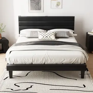 VINGLI Full/Queen Size Bed Frame Horizontal Striped PU Leather Headboard Plush Upholstered Platform Bed