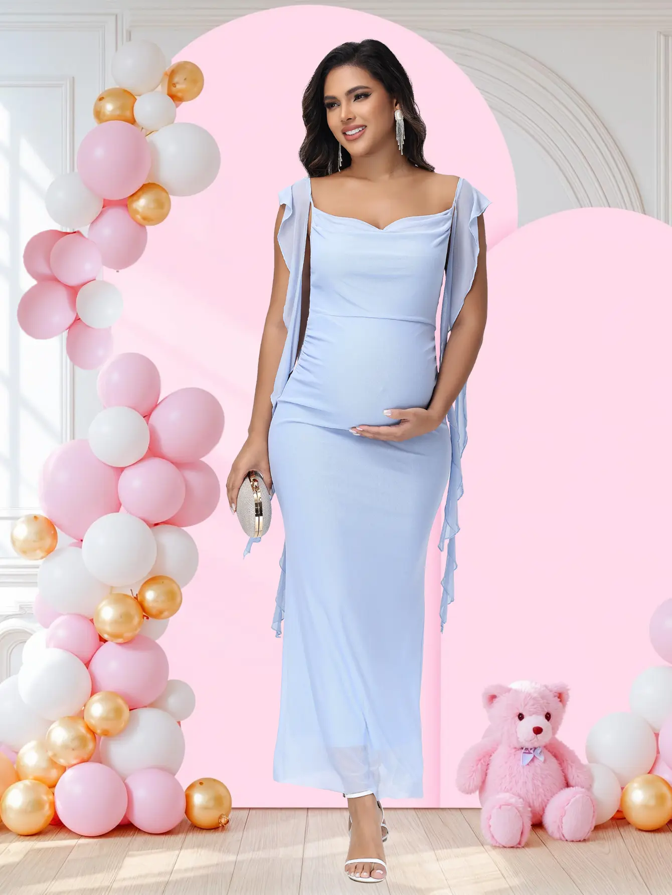 Cowl Neck Maternity Dress, Ruffle Hem Stretch Mesh Gown with Adjustable Straps for Photoshoot & Baby Shower, Maternity Apparel, Pregnancy Maternity Clothing & Accessories