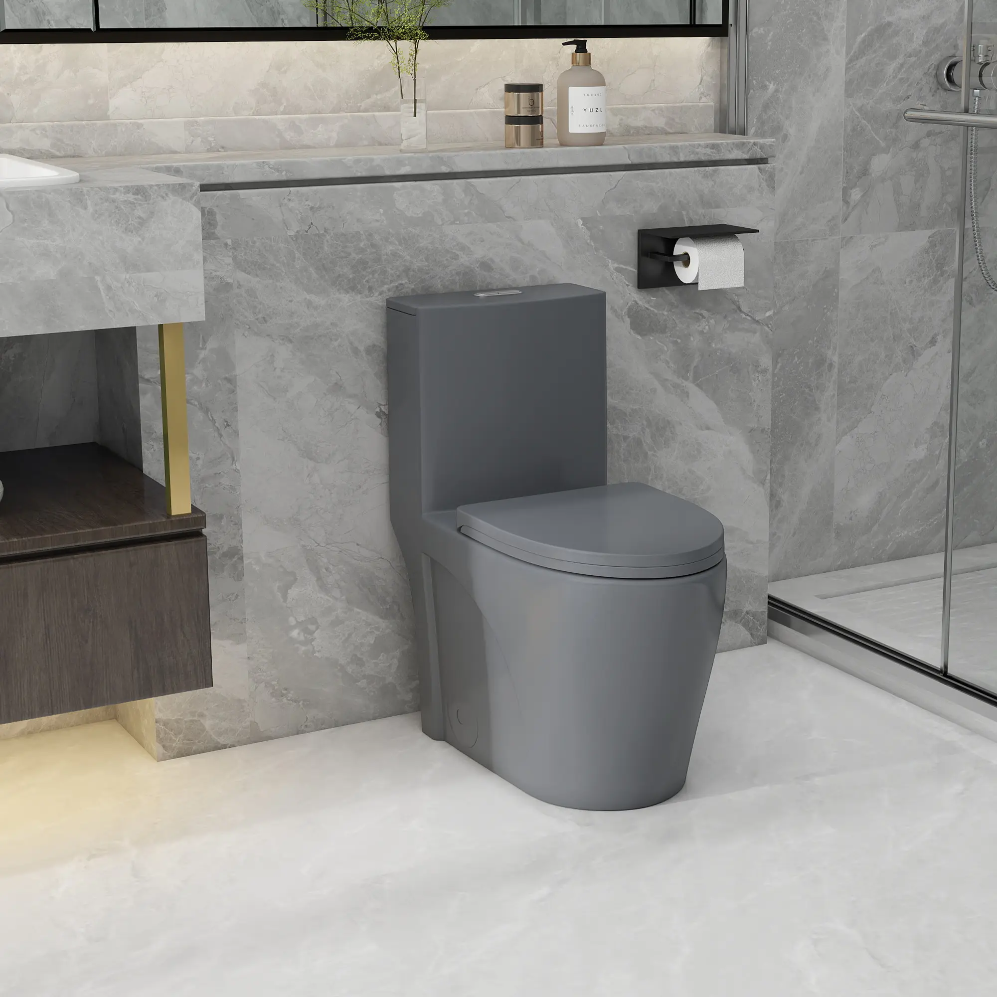 Light Grey Compact 1-Piece Toilet, 17-in ADA Comfortable Seat Height, WaterSense Dual Cyclone 1.1/1.6 GPF Flushing System, Siphon S-Shaped Water Trap, 12-in Pre-Embedded Bathroom Toilet with Gradual Descent Seat