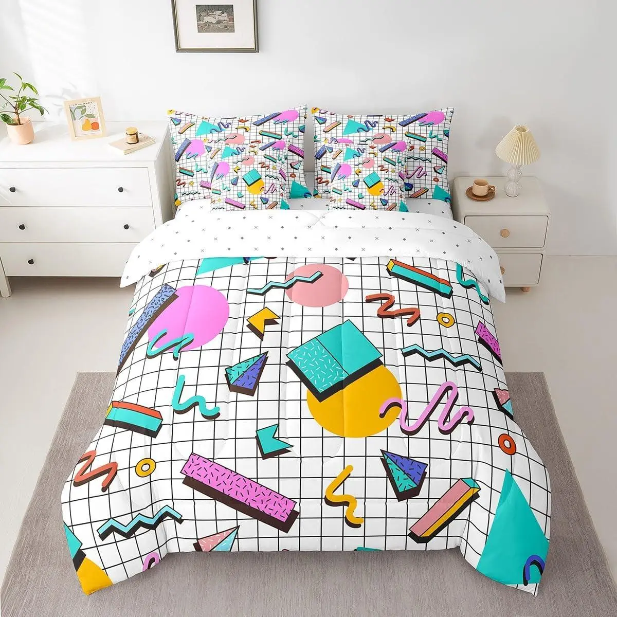 7 Pieces Memphis Comforter Set,Retro 80s or 90s Geometric Fashion Style Bed in a Bag with Comforter,Fitted Sheet,Top Sheet and Pillowcases,Vintage Hip Hop Bedding Set for Kids Boy Girls