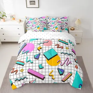 7 Pieces Memphis Comforter Set,Retro 80s or 90s Geometric Fashion Style Bed in a Bag with Comforter,Fitted Sheet,Top Sheet and Pillowcases,Vintage Hip Hop Bedding Set for Kids Boy Girls