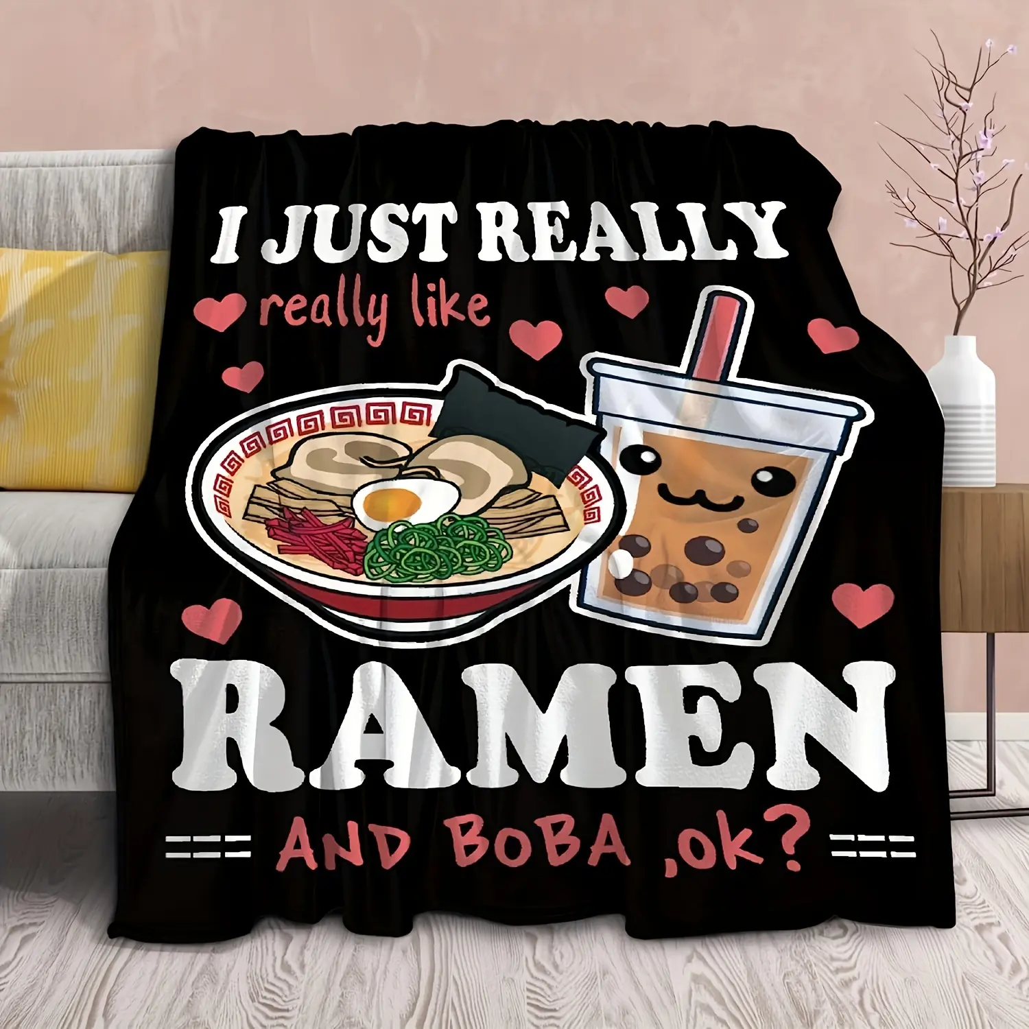 1pc Super Soft Flannel Weave Black Blanket - Flannel Texture, Kawaii Anime-Inspired Ramen, Ichiran-Style Noodle & Boba Milk Tea Prints, All-Season Cozy Home Bedspread, Couch/Bed Gift for Noodle Lovers