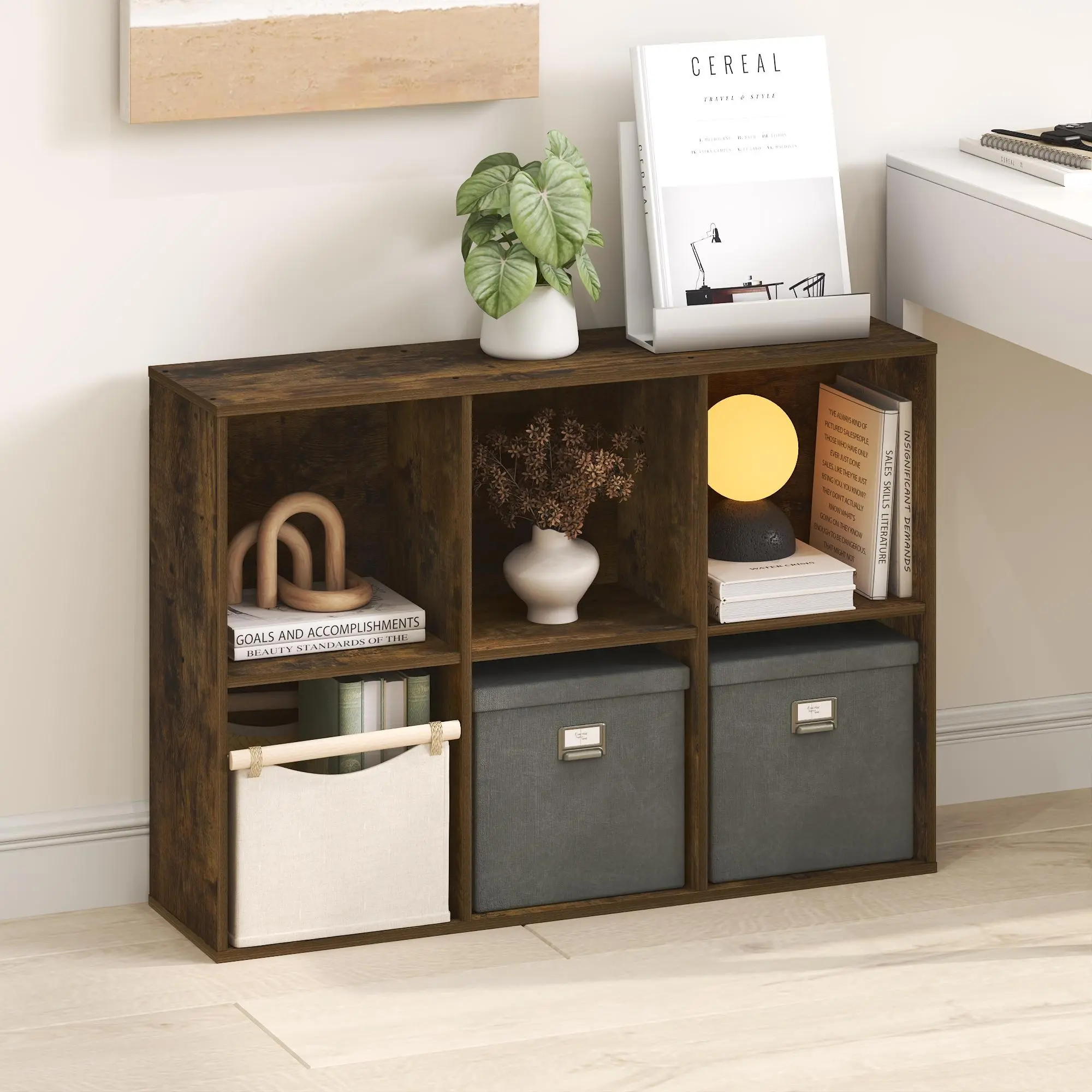 LUDER Bookshelf, 6-Cube Bookshelf, Bookcase with Open Shelves, 9.0 x 24.6 x 35.4, for Living Room, Bedroom, Home Office, Amber Pine, Space-Saving Small Furniture for Home Organization, Apartment, Dorm and Small Spaces