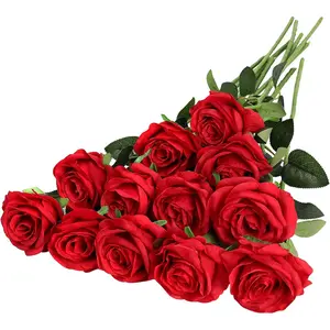Red Fake Roses Artificial Flowers - 12 Pcs Fake Artificial Roses Silk Flowers with Stems for Home Wedding Hotel Office Centerpiece Decor