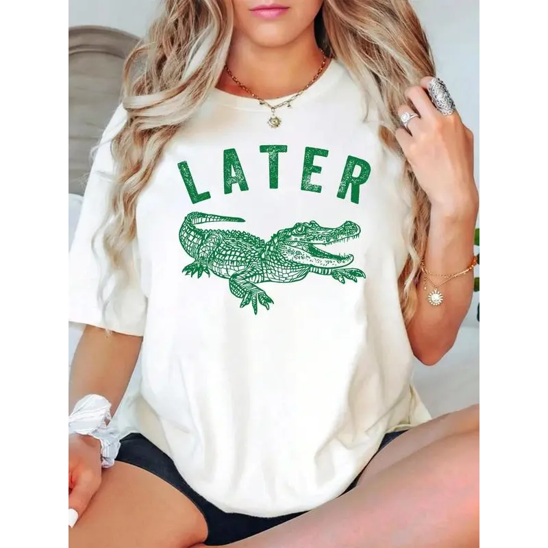 Vintage Alligator & Letter Print T-shirt for Women in a Regular Fit, Cotton-Blend Shortsleeve for Summer Streetwear