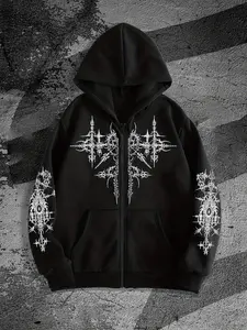 Men's Loose Fit Graphic Print Hoodie with Zipper, Casual Fall & Winter Fleece Pullover, Gothic Style Hooded Sweatshirt Fabric, Gothic Printed Hoodie