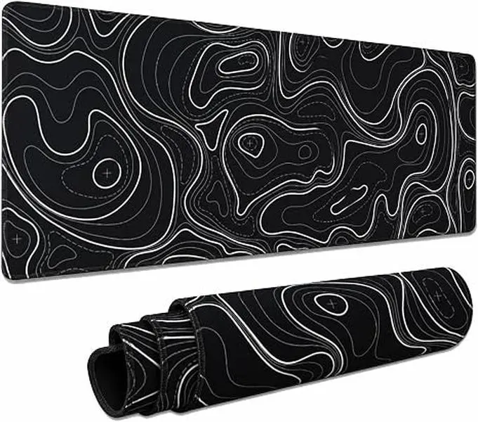 Gaming Mouse Pad, Black with White Topographic Line, 31.5x15.75in | XL Mouse Mat, Smooth Surface, Anti-slip Rubber Base, for Keyboard and Mouse, for Home and Office Use