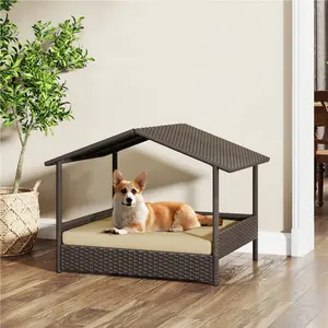 Yaheetech Rattan Dog House, Outdoor Elevated Dog/Cat/Rabbit Bed with Canopy and Foam Cushion, Raised Pet House for Indoor and Outdoor