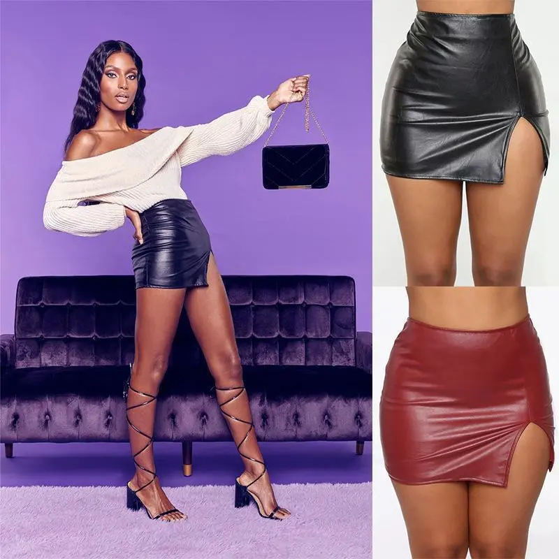 2026 new sexy hot girl PU leather waist black short skirt female hip slit skirt female