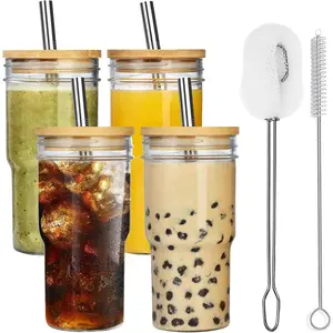 4-Pack Glass Cups with  Lids and Straws, 22oz Mason Jar Glass Tumbler,  Boba Cups, Iced Coffee Drinking Glasses for Bubble , Smoothies, Juice - 2 Cleaning Brush