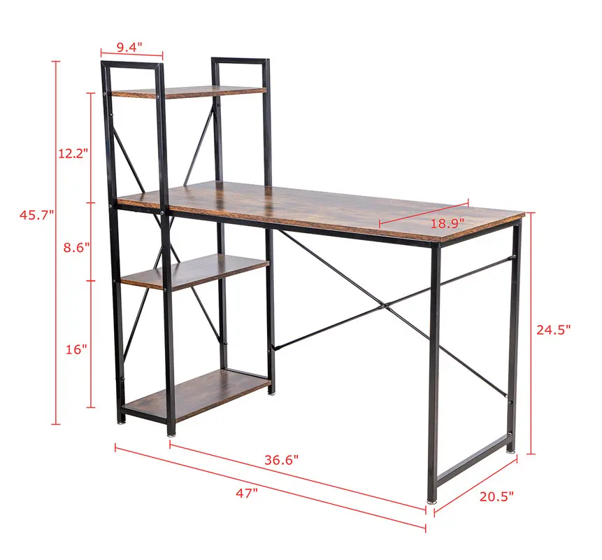 47 in. Modern Office Computer Desk with 4-Tier Storage Bookshelves, Rustic Brown for Study Setup