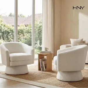 【SummerWins】HNY Modern Swivel Accent Chairs (Set of 1) – White Boucle Sherpa Round Back Barrel Armchairs for Living Room, Bedroom, Vanity, Lounge & Reading summerwins