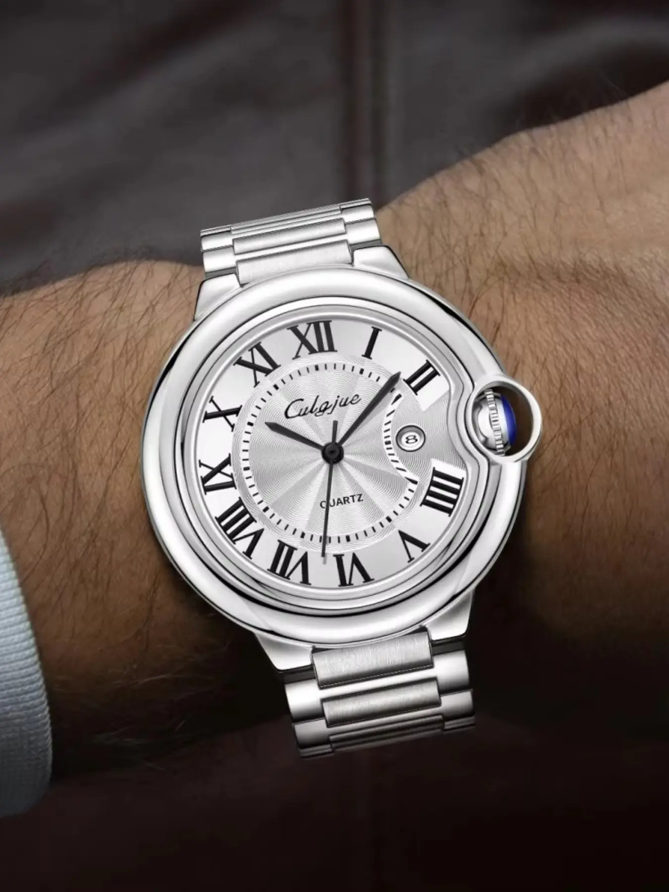 Luxury Men's Watch, Fashionable Wristwatch, Round Analog Face, Stainless Steel Band, Calendar Display, Butterfly Clasp, Quartz Movement, All Seasons Fashion Accessory, Analog Watches