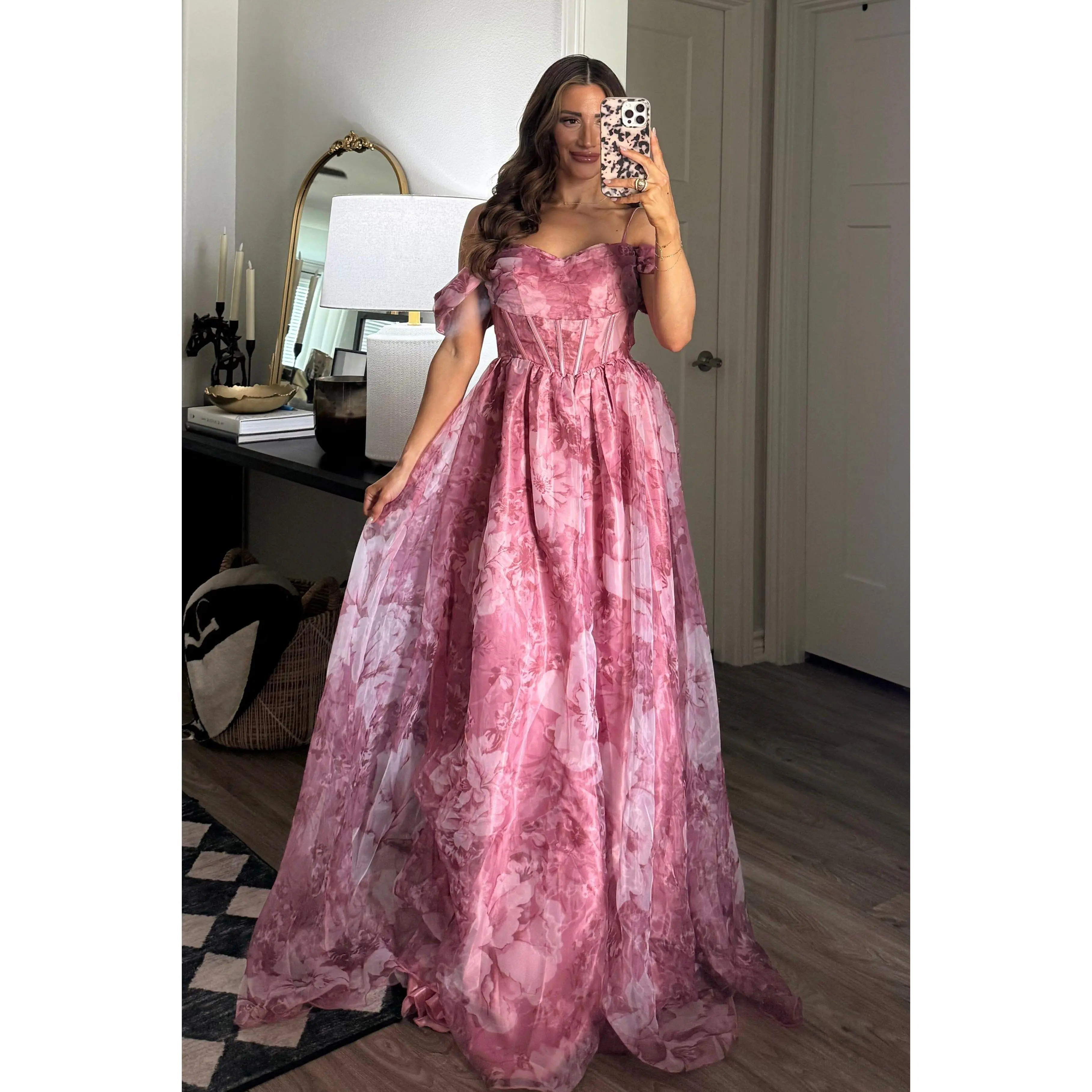 Garden Wedding Organza Off Shoulder Floral Maxi Dress: Mauve