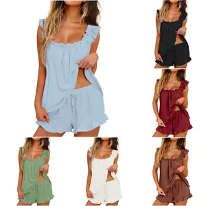 Women's Ruffle Trim Cami Shorts Set, Casual Sleeveless Square Neck Tank Top And Drawstring Shorts Loungewear