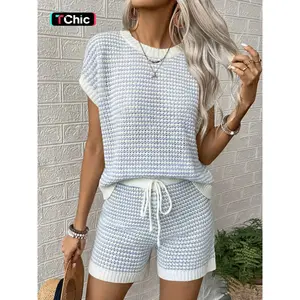 Women's Solid Ribbed Knit Sweater & Elastic Waist Shorts Two-Piece Set, Casual Fashion Cozy Knitwear Set for Daily Outdoor Wear, Ladies Clothes for Spring & Summer, Suits, Cute Summer Outfit, Striped Knit Sets