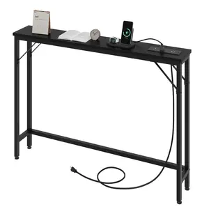 【GARVEE】5.9" Narrow Sofa Table with Outlets, Slim Console Table with Storage, MDF Board & Metal, Easy Assembly, for Living Room, Entryway, Hallway - Black