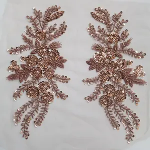 2pc/Pair Luxury Beaded Sequin Flower Embroidery Lace Appliques Rhinestone Patches for Wedding Dresses (Coffee Golden)