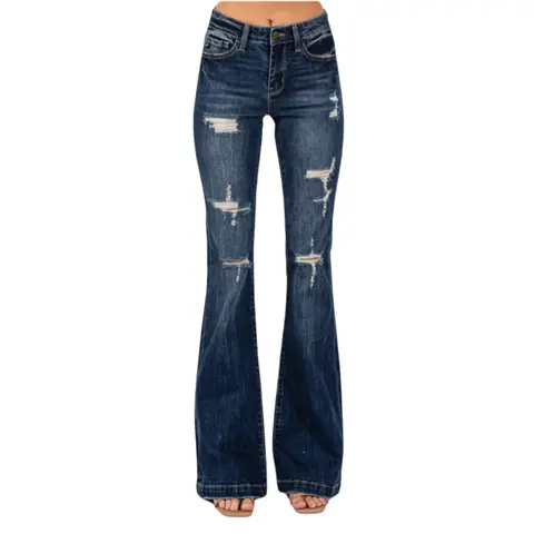 Madison Vogatiques Mid Rise Ripped Flare Jeans with Wide Leg and Bootcut Design Bell Bottom Denim Pants GP3003M Casual Cotton Good Fitting Tall Girl Outfit Distressed Tummy Control BBL