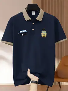 Argentina Letter Flag & Football Team Emblem Polo Shirt, Graphic Print Short Sleeve, Business Casual Men's Top, All Seasons