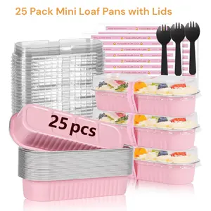 25 Pack Mini Loaf Pans with Lids, Spoons & Stickers, 6.8oz Pink Foil Cake Baking Tins Containers Mother Gift