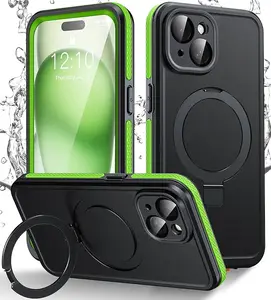 Magnetic for iPhone 15[Pro/ Pro Max]16[ Plus/Pro/Pro Max]17[AIR/PRO/PRO Max] Case Waterproof,Full Body 360 Shockproof Dropproof Dustproof,Built-in Screen Protector,IP68 Underwater,Swimming Snorkeling Protective Case,Invisible Foldable Stand