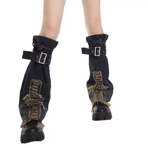 Women’s Buckled Denim Leg Warmers/Leg Covers with Ripped Crossed Details – Aesthetic Streetwear