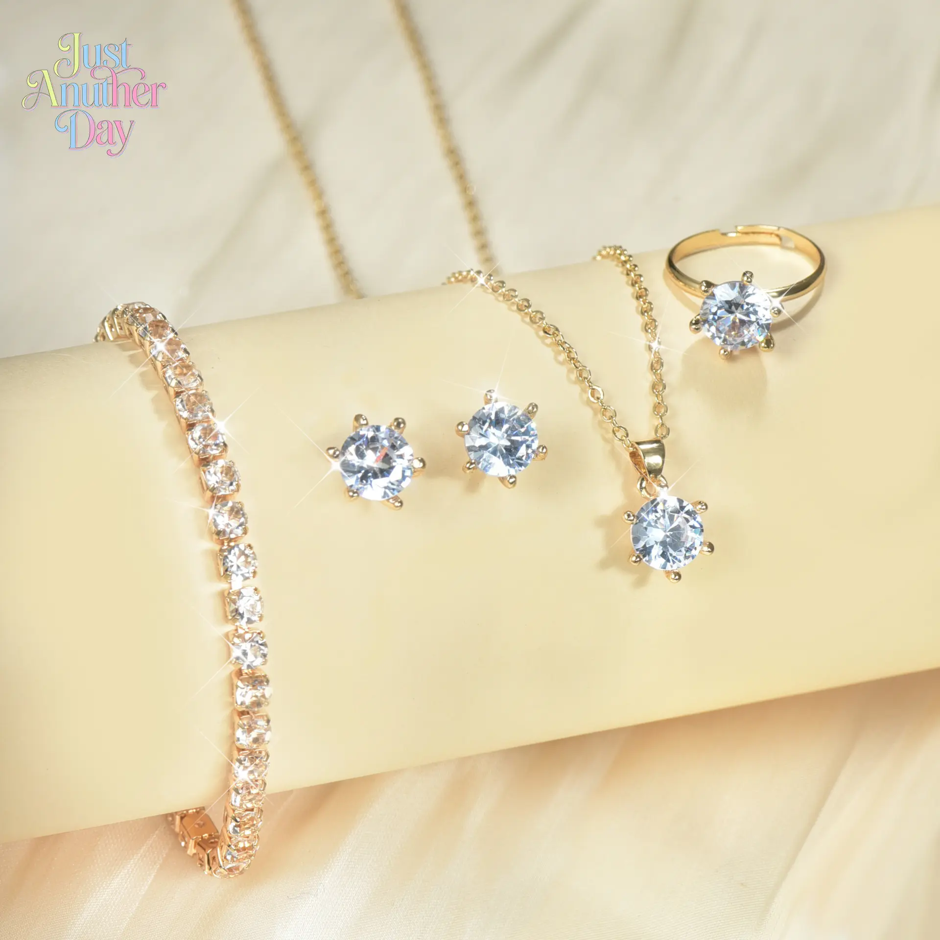 4-in-1 Gold Plated Sparkling Stone Jewelry Set - Solitaire Necklace, Stud Earrings for Women, Adjustable Ring, Tennis Bracelet, Gifts for Women for Parties, Weddings