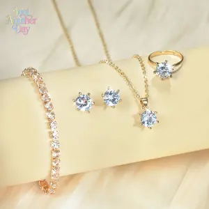 4-in-1 Gold Plated Sparkling Stone Jewelry Set - Solitaire Necklace, Stud Earrings for Women, Adjustable Ring, Tennis Bracelet, Gifts for Women for Parties, Weddings