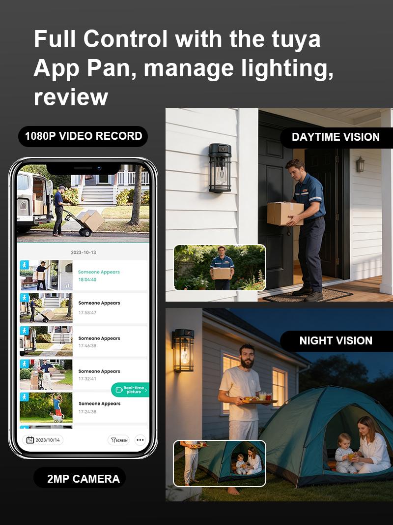 Outdoor Porch Light Security Camera, 2K HD Live View Wi-Fi Human Detection, Pan & Tilt, Two-Way Talk, Cloud/SD Storage, Waterproof, Built in Dusk to Dawn Outdoor Lighting, Outside Wall lamp For House Garage Front Door, Works with TUYA