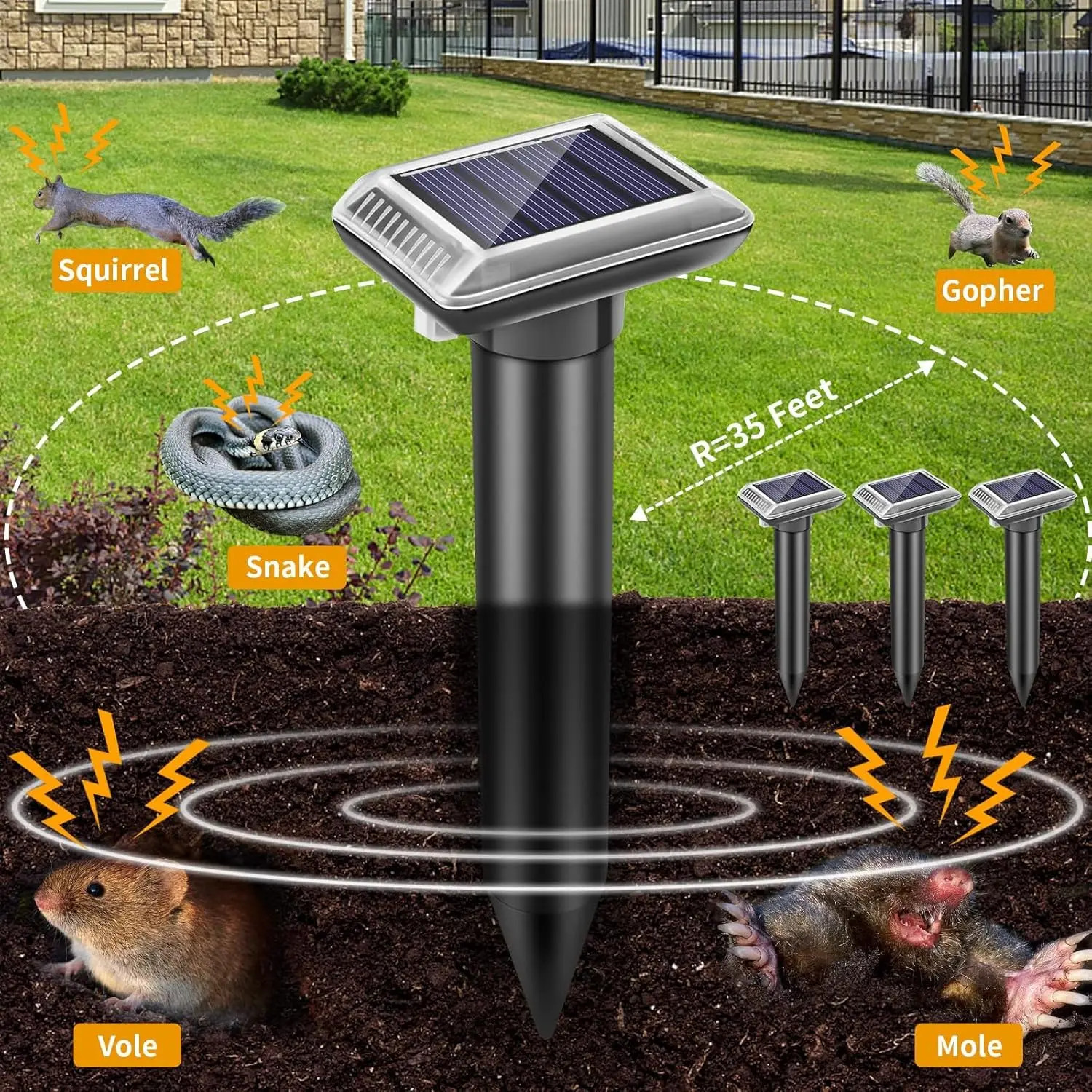 4-Pack Ultrasonic Mole Repellent - Solar-Powered, Waterproof, No-Chemical Rodent-Control Device with 180-Day ABS Batteries for Long-Term Outdoor Lawn & Garden Pest Repelling (Moles, Gophers, Voles, Snakes)
