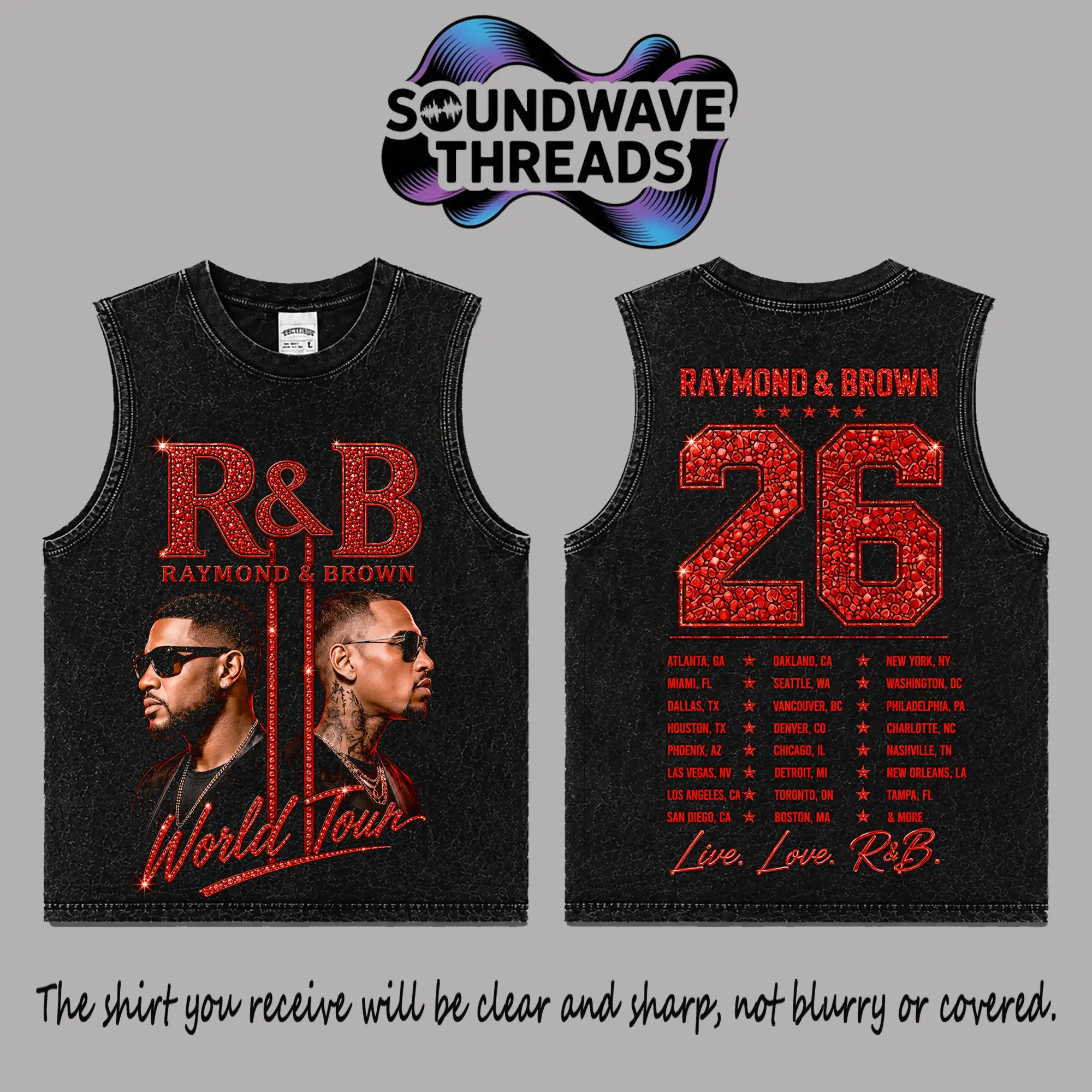 [SWT] The R&B Tour 2026: Raymond & Brown Red # 2 Premium Acid Washed 100% Tank Top T-Shirt, R&B Music Duo Graphic Tee, Urban Hip Hop Soul Streetwear Shirt, Concert Tour Merch, Gift for R&B Fans, Vintage Music Tee