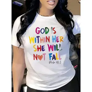 WomenS God Is Within Her Inspirational Letter Print Casual TShirt Short Sleeve Crew Neck Lightweight 100 Cotton Knit Texture Vibrant Design Perfect For Spring Summer Gifts Summer Tee Machine Washable